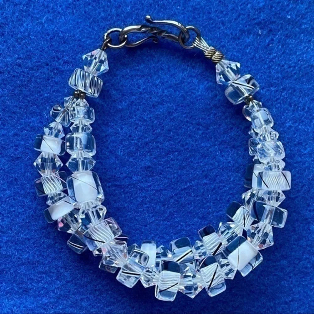 Artisan 925 Sterling Silver Diamond Crystal Glass Layered Handmade Bracelet NEW